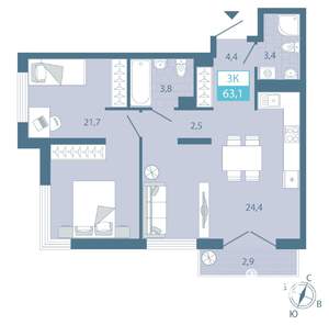 2-к квартира, строящийся дом, 63м2, 2/25 этаж