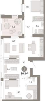 2-к квартира, вторичка, 86м2, 24/25 этаж