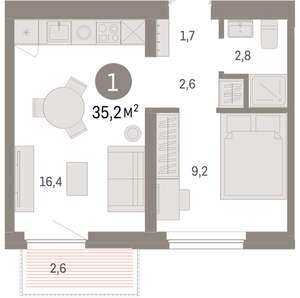 1-к квартира, вторичка, 35м2, 9/16 этаж