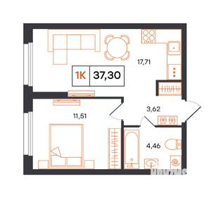 1-к квартира, строящийся дом, 37м2, 1/24 этаж