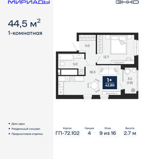 1-к квартира, сданный дом, 45м2, 9/16 этаж