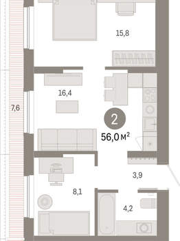 2-к квартира, вторичка, 56м2, 7/17 этаж