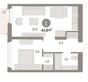 1-к квартира, вторичка, 45м2, 7/16 этаж
