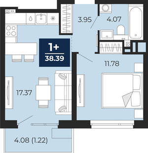 1-к квартира, вторичка, 38м2, 7/22 этаж