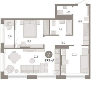 2-к квартира, вторичка, 68м2, 11/17 этаж