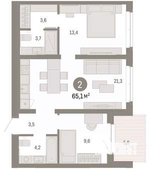 2-к квартира, вторичка, 65м2, 5/7 этаж