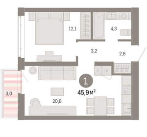 1-к квартира, вторичка, 46м2, 7/25 этаж