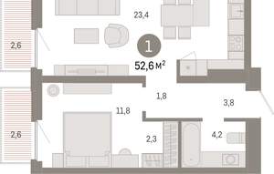 1-к квартира, вторичка, 53м2, 7/16 этаж