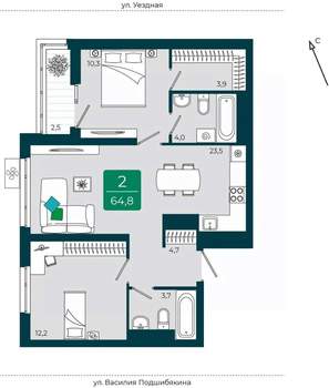 2-к квартира, вторичка, 65м2, 6/16 этаж