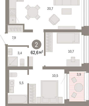 2-к квартира, вторичка, 63м2, 2/8 этаж