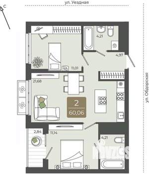 2-к квартира, вторичка, 60м2, 3/15 этаж