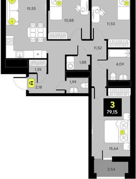 3-к квартира, вторичка, 79м2, 6/14 этаж