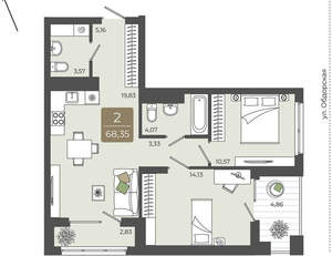 2-к квартира, вторичка, 68м2, 6/15 этаж