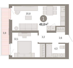 1-к квартира, вторичка, 49м2, 6/25 этаж