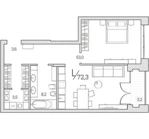1-к квартира, сданный дом, 72м2, 6/8 этаж