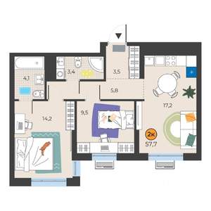 2-к квартира, вторичка, 58м2, 3/19 этаж