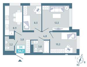 2-к квартира, вторичка, 55м2, 3/19 этаж