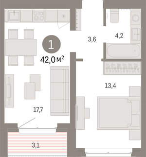 1-к квартира, вторичка, 42м2, 4/11 этаж