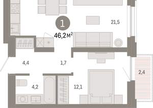 1-к квартира, вторичка, 46м2, 3/16 этаж