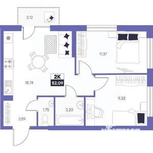 2-к квартира, вторичка, 52м2, 16/24 этаж