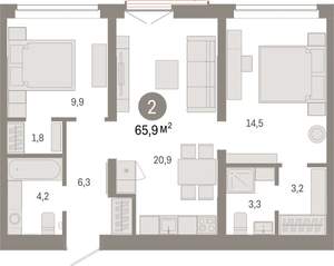 2-к квартира, вторичка, 66м2, 6/16 этаж