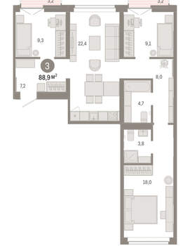 3-к квартира, вторичка, 89м2, 2/16 этаж