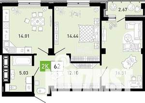 2-к квартира, строящийся дом, 62м2, 11/21 этаж