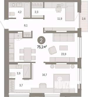 2-к квартира, вторичка, 75м2, 4/17 этаж