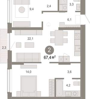 2-к квартира, вторичка, 67м2, 4/17 этаж