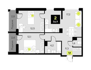 2-к квартира, вторичка, 57м2, 5/9 этаж