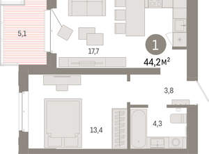 1-к квартира, вторичка, 44м2, 4/11 этаж