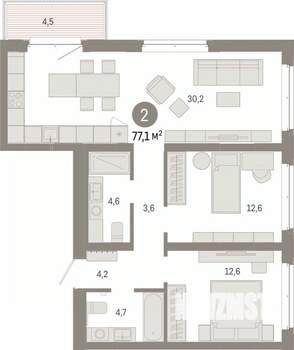 2-к квартира, вторичка, 77м2, 5/7 этаж