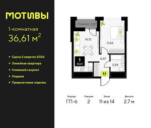 1-к квартира, вторичка, 37м2, 11/14 этаж