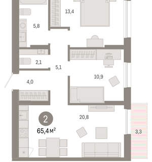 2-к квартира, вторичка, 65м2, 14/17 этаж