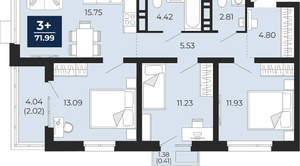 3-к квартира, вторичка, 72м2, 13/22 этаж