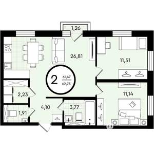 2-к квартира, вторичка, 63м2, 2/4 этаж