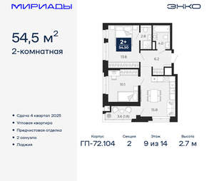 2-к квартира, вторичка, 55м2, 9/18 этаж