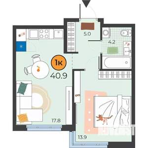 1-к квартира, вторичка, 41м2, 4/7 этаж