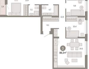 3-к квартира, вторичка, 86м2, 4/17 этаж