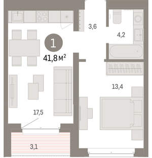 1-к квартира, вторичка, 42м2, 3/11 этаж
