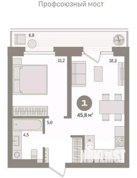 1-к квартира, вторичка, 46м2, 5/9 этаж