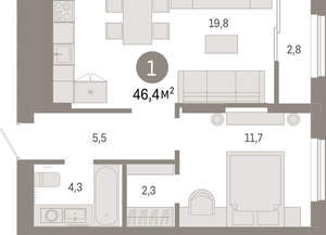 1-к квартира, вторичка, 46м2, 17/17 этаж