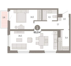 1-к квартира, вторичка, 60м2, 13/16 этаж