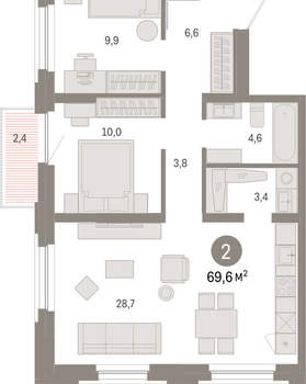 2-к квартира, вторичка, 70м2, 6/16 этаж