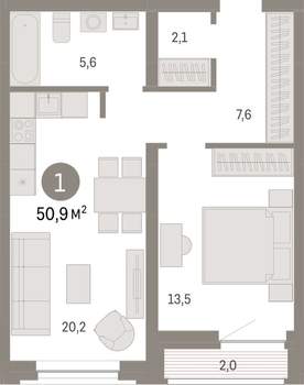 1-к квартира, вторичка, 51м2, 4/10 этаж