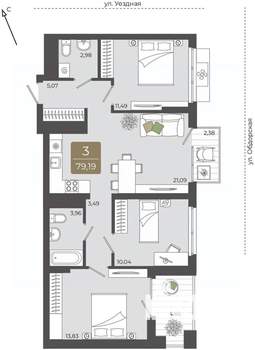 3-к квартира, вторичка, 79м2, 11/15 этаж