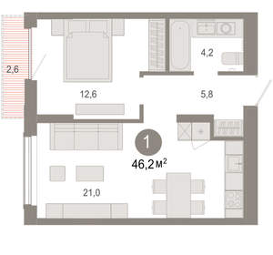 1-к квартира, вторичка, 46м2, 8/17 этаж