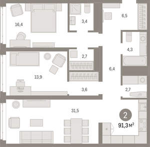 2-к квартира, вторичка, 91м2, 9/25 этаж