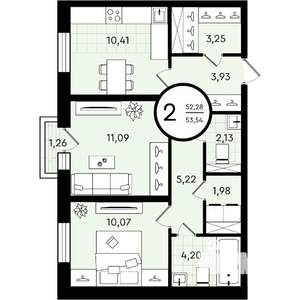 2-к квартира, строящийся дом, 54м2, 4/4 этаж