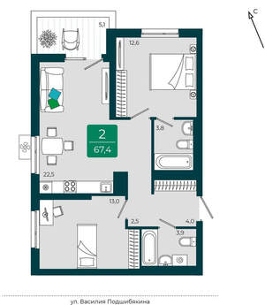 2-к квартира, вторичка, 67м2, 9/17 этаж